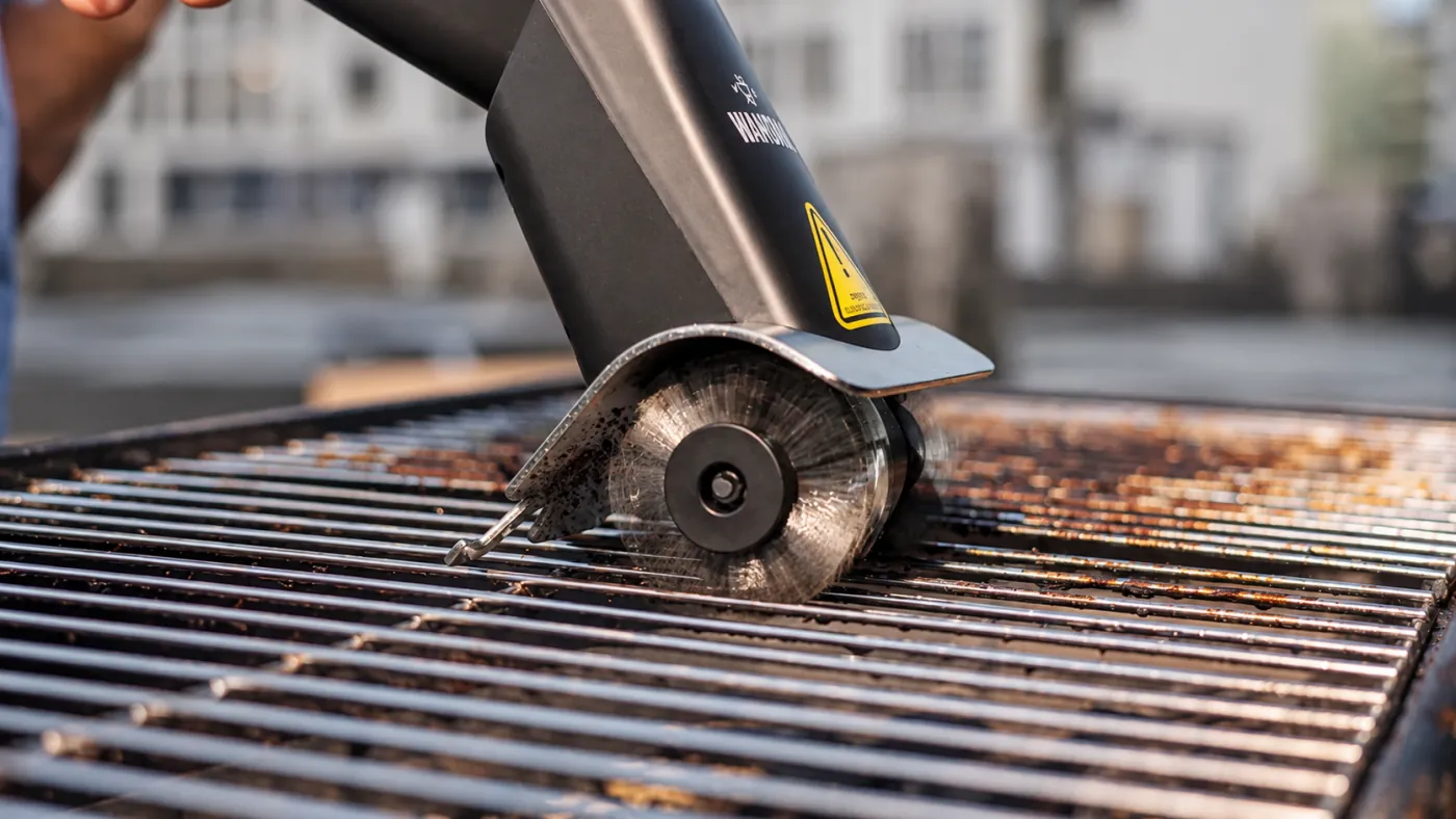 Wamoma GrillMaster spraying and scrubbing a BBQ grill grate