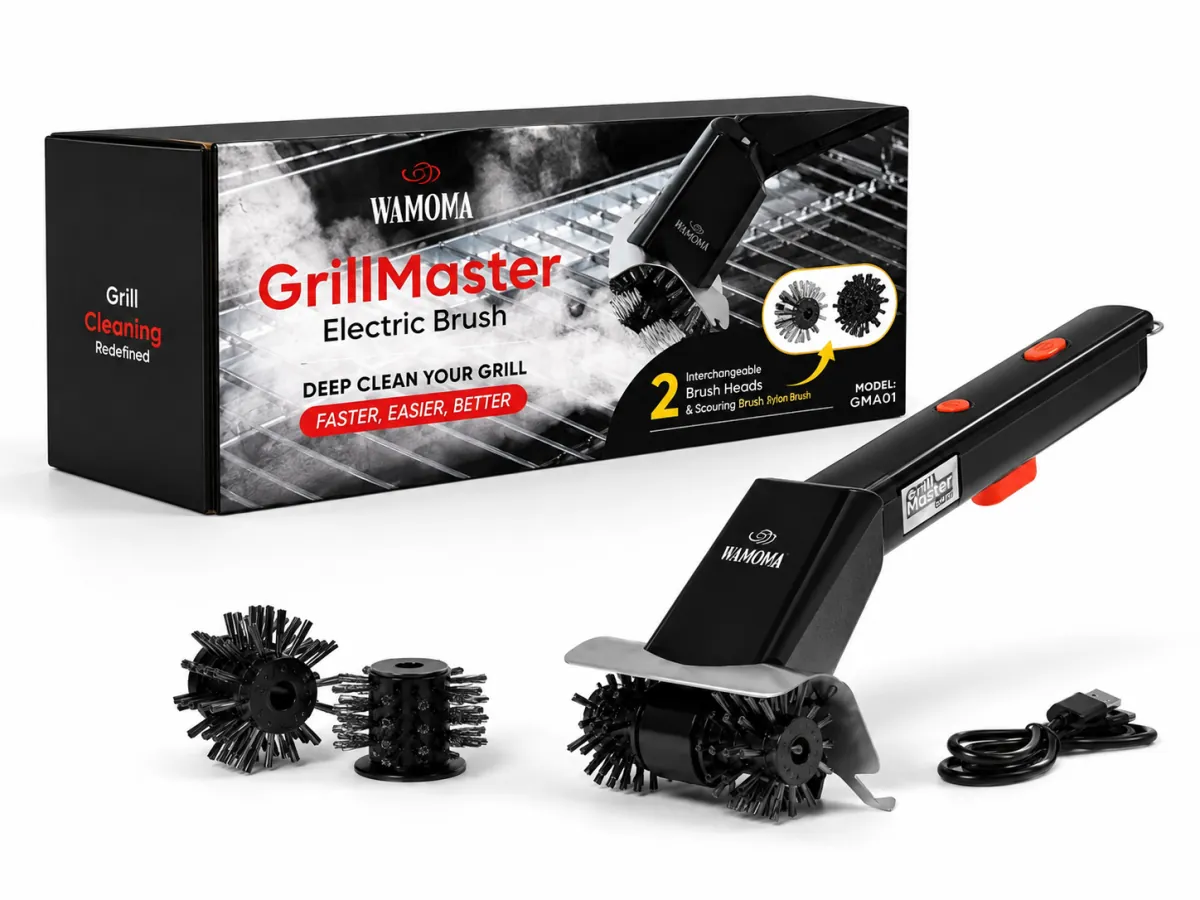 What's in the box — Wamoma GrillMaster, brush heads and charging cable